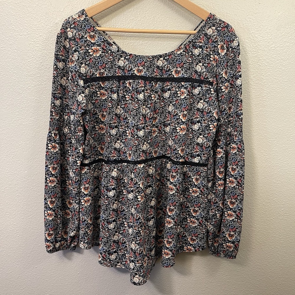 Knox Rose Oversized Floral Peasant Top Long Sleeve Deco‎ Tie Back Cottage Sz M